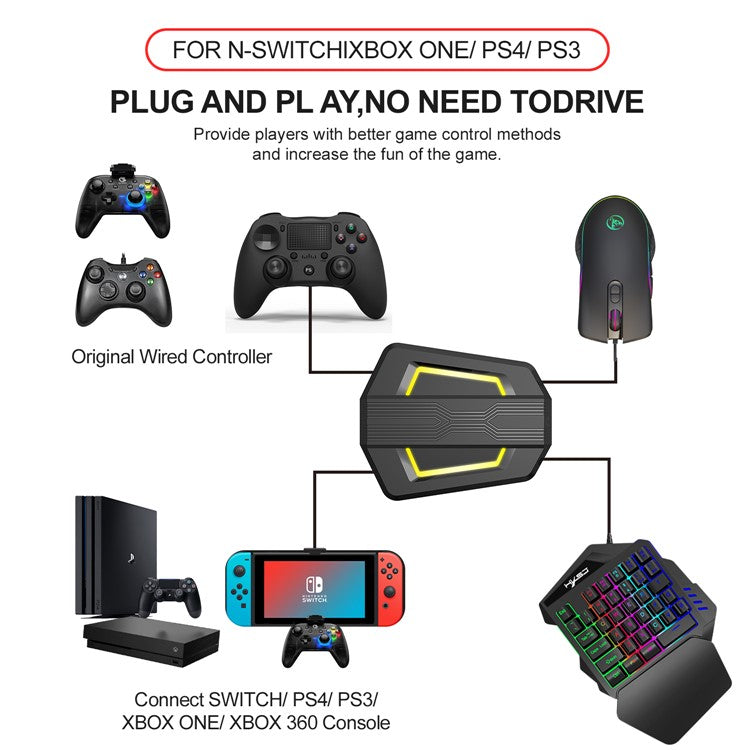 HXSJ P6 Keyboard Mouse Converter + A867 RGB Game Mouse + V100 One Hand Gaming Keyboard Set