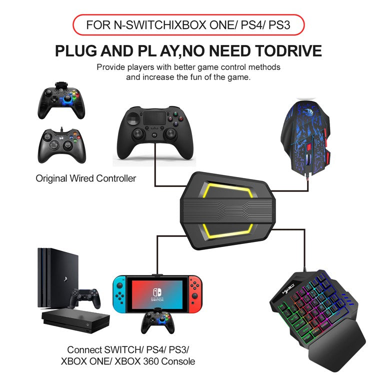 HXSJ V100 One Hand Gaming Keyboard + H300 7-Color Lightning Game Mouse + P6 Keyboard Mouse Converter Set