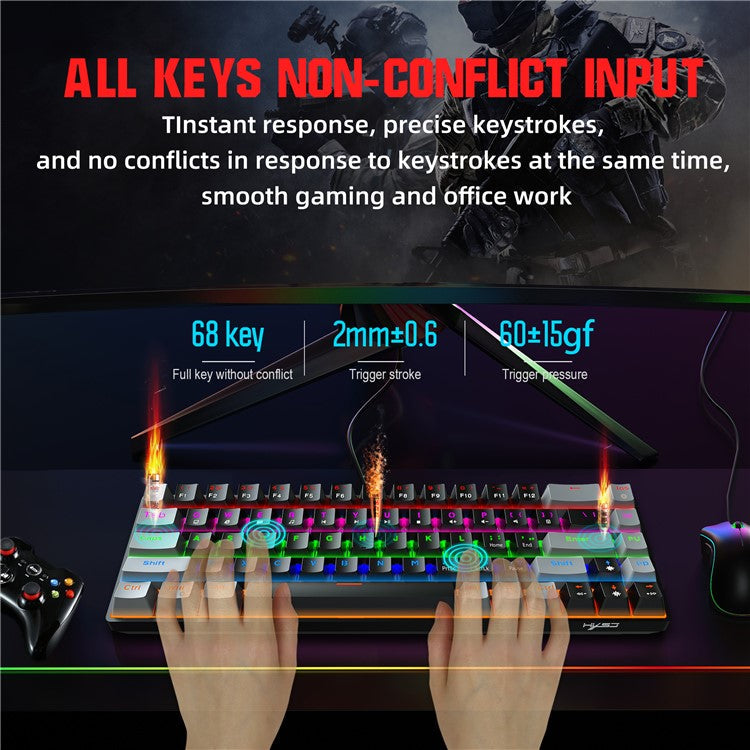 HXSJ V800 68 Keys Mechanical Keyboard with Backlit for Gaming Office - Black/Blue Switch