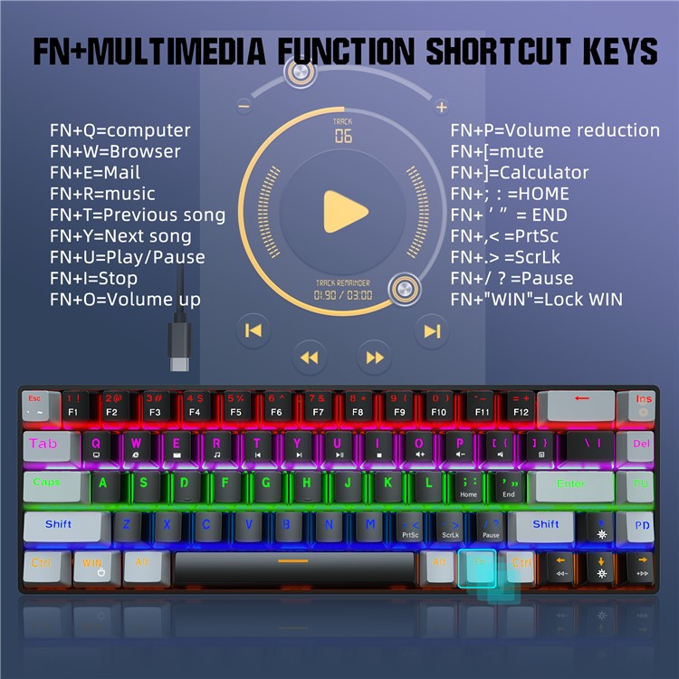 HXSJ V800 68 Keys Mechanical Keyboard with Backlit for Gaming Office - Black/Blue Switch