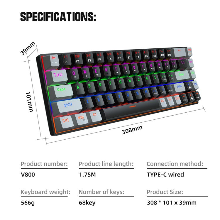 HXSJ V800 68 Keys Mechanical Keyboard with Backlit for Gaming Office - Black/Blue Switch
