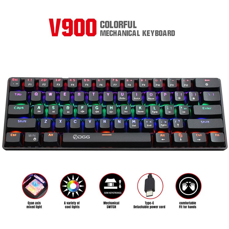 HXSJ V900 Wired 61 Keys Colorful Backlit Computer Laptop Home Office Gaming Blue Switch Mechanical Keyboard - Black