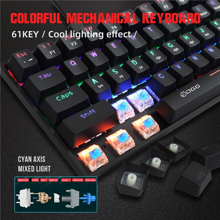 HXSJ V900 Wired 61 Keys Colorful Backlit Computer Laptop Home Office Gaming Blue Switch Mechanical Keyboard - Black