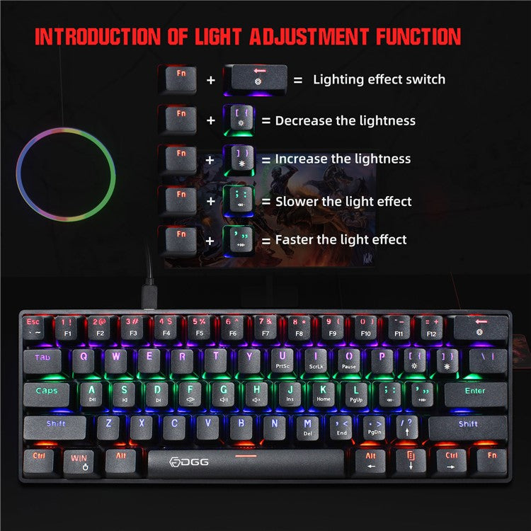 HXSJ V900 Wired 61 Keys Colorful Backlit Computer Laptop Home Office Gaming Blue Switch Mechanical Keyboard - Black