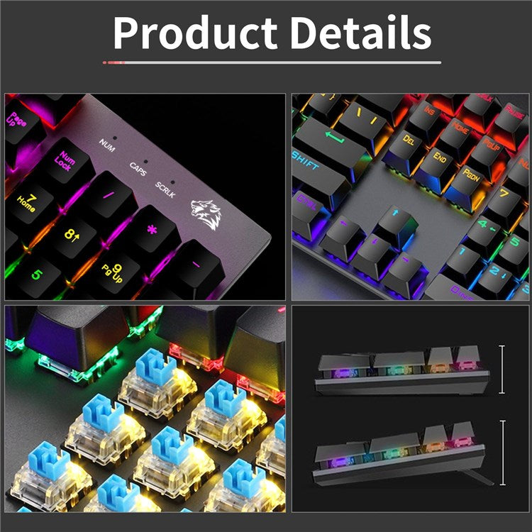 FREE WOLF K1 104 Keys Full Size Mechanical Gaming Keyboard RGB Backlit USB Keyboard for PC Gamer Laptop - Red Switch