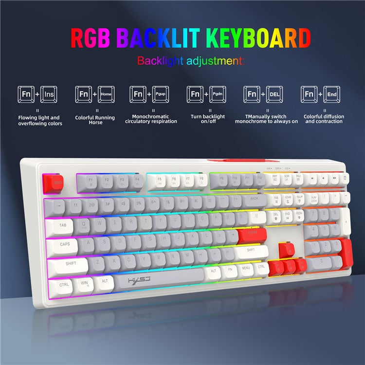 HXSJ V300 Mechanical Gaming Keyboard 108 Keys RGB Streamer Adjustable Backlit Wired Keyboard - Grey+White+Red