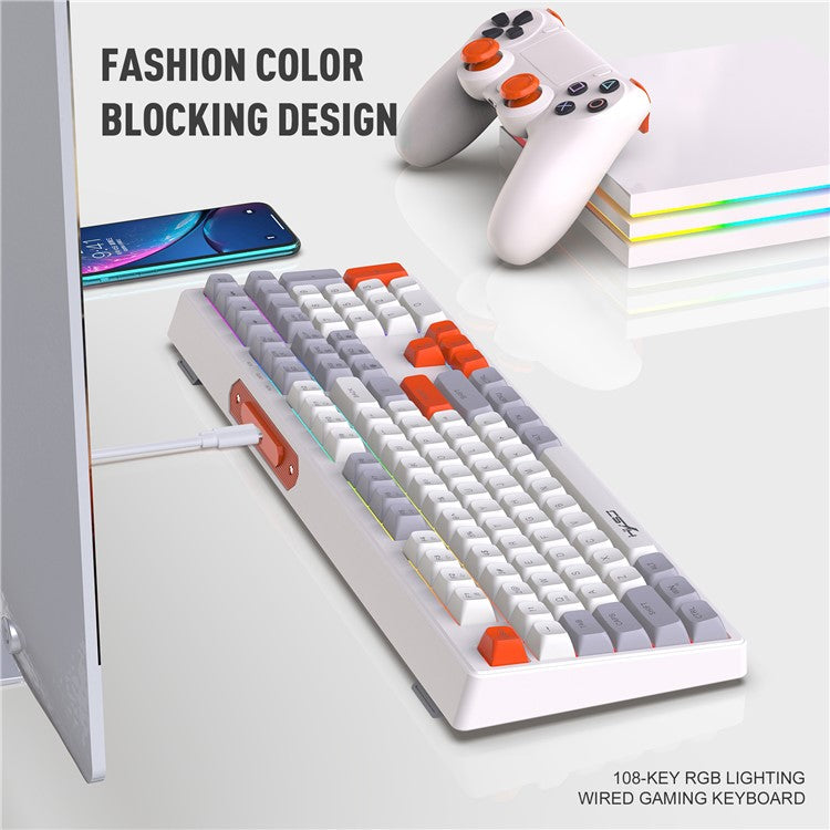 HXSJ V300 Mechanical Gaming Keyboard 108 Keys RGB Streamer Adjustable Backlit Wired Keyboard - Grey+White+Red