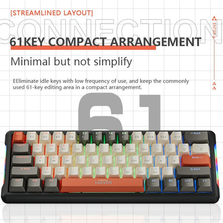 LEAVEN K610 1.6m Wired 61-key Water-cooled E-sports Gaming Mechanical Keyboard, Classic Version - White+Grey+Orange / Blue Switch