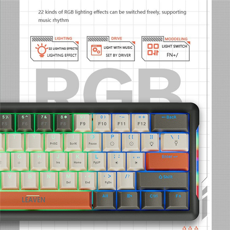 LEAVEN K610 1.6m Wired 61-key Water-cooled E-sports Gaming Mechanical Keyboard, Classic Version - White+Grey+Orange / Blue Switch