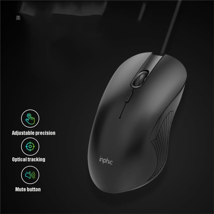 INPHIC PB1 USB Wired Business Office Gaming Mouse Mute Macro Programming Computer Laptop Mice - Black