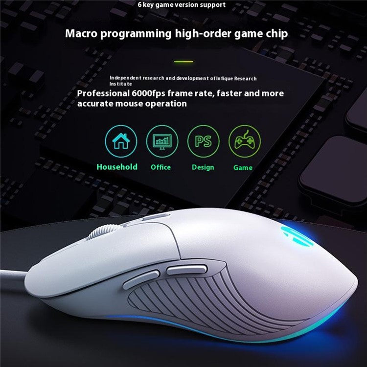 INPHIC PB1 USB Wired Business Office Gaming Mouse Mute Macro Programming Computer Laptop Mice - White
