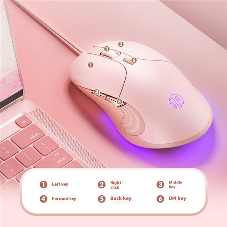 INPHIC B8 USB Wired Mouse for Girls Women 7200DPI 6 Key Mute Gaming Mouse for Laptop PC - Pink