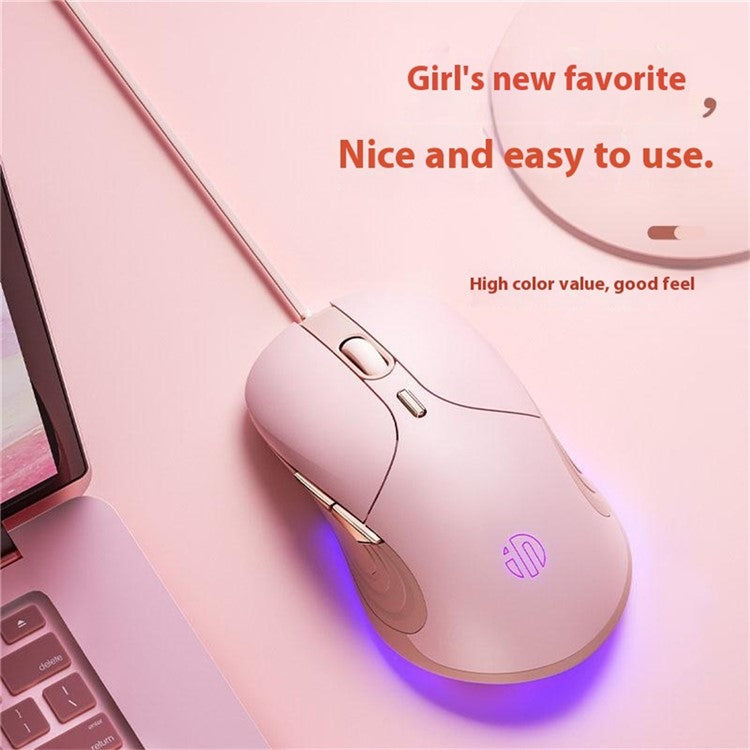 INPHIC B8 USB Wired Mouse for Girls Women 7200DPI 6 Key Mute Gaming Mouse for Laptop PC - Pink