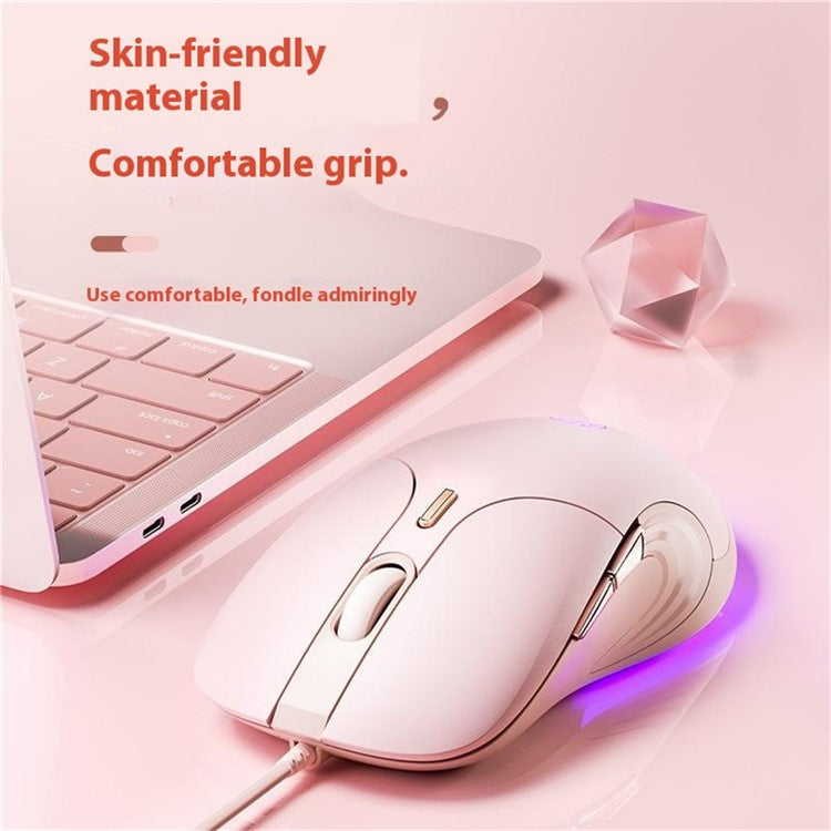 INPHIC B8 USB Wired Mouse for Girls Women 7200DPI 6 Key Mute Gaming Mouse for Laptop PC - Pink
