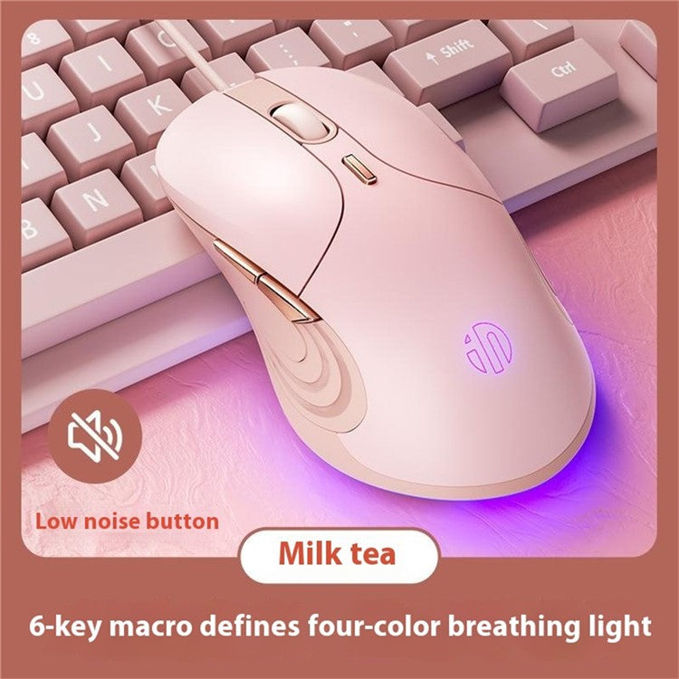 INPHIC B8 USB Wired Mouse for Girls Women 7200DPI 6 Key Mute Gaming Mouse for Laptop PC - Pink