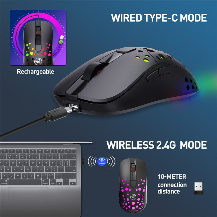HXSJ T100 RGB Macro Programmable Dual Mode Wireless/Wired Gaming Mouse 10000 DPI Rechargeable Mice