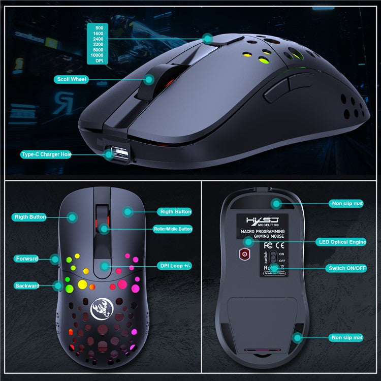 HXSJ T100 RGB Macro Programmable Dual Mode Wireless/Wired Gaming Mouse 10000 DPI Rechargeable Mice