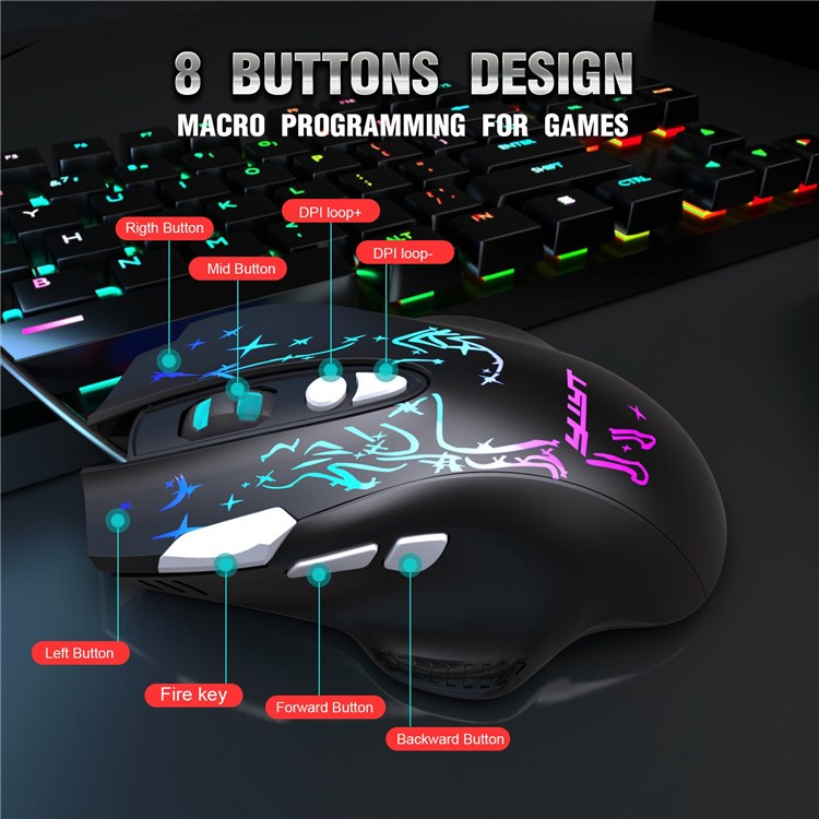 YWYT G855 Wired RGB Gaming Mouse 8-Button 6400 DPI Office Home Mice with Side Buttons