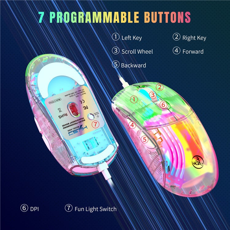 HXSJ X400 12800DPI 6-Keys Macro Programming Wired Mouse Transparent RGB Gaming Mouse