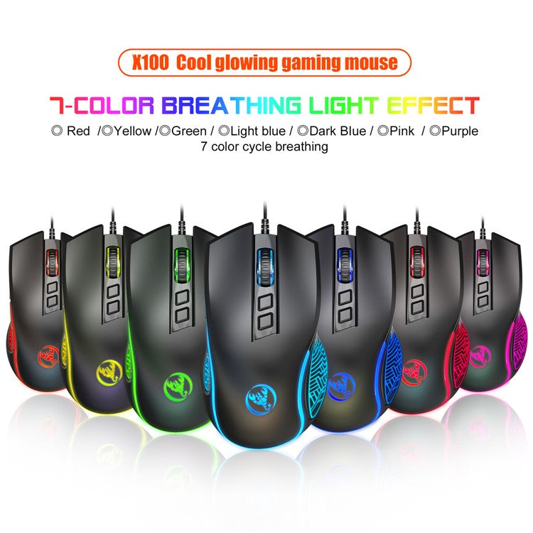 HXSJ X100 USB Wired Gaming Mouse 3600DPI Colorful Light Computer Laptop Mice - Black