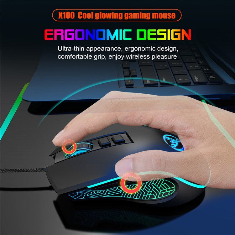 HXSJ X100 USB Wired Gaming Mouse 3600DPI Colorful Light Computer Laptop Mice - Black