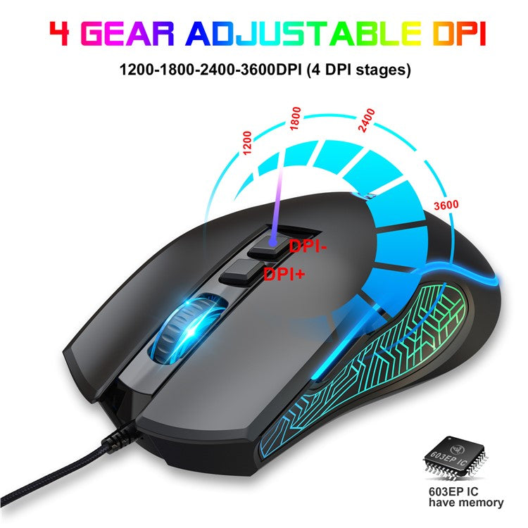 HXSJ X100 USB Wired Gaming Mouse 3600DPI Colorful Light Computer Laptop Mice - Black