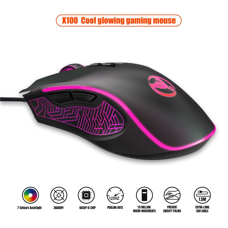 HXSJ X100 USB Wired Gaming Mouse 3600DPI Colorful Light Computer Laptop Mice - Black