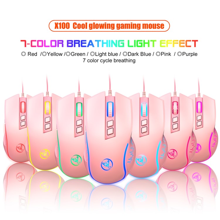 HXSJ X100 USB Wired Gaming Mouse 3600DPI Colorful Light Computer Laptop Mice - Pink