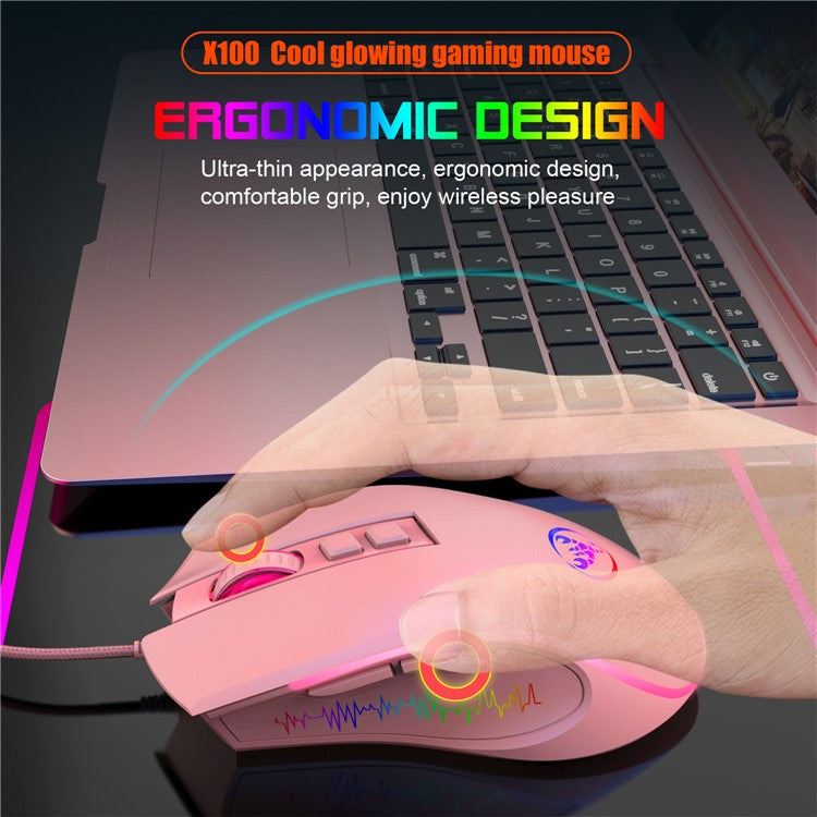 HXSJ X100 USB Wired Gaming Mouse 3600DPI Colorful Light Computer Laptop Mice - Pink