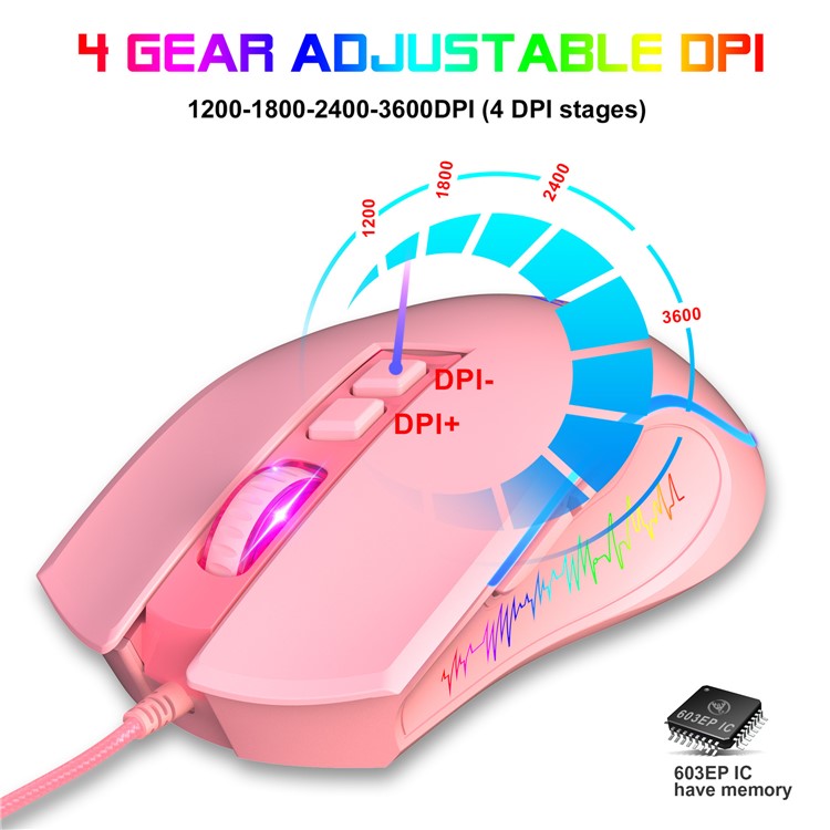HXSJ X100 USB Wired Gaming Mouse 3600DPI Colorful Light Computer Laptop Mice - Pink