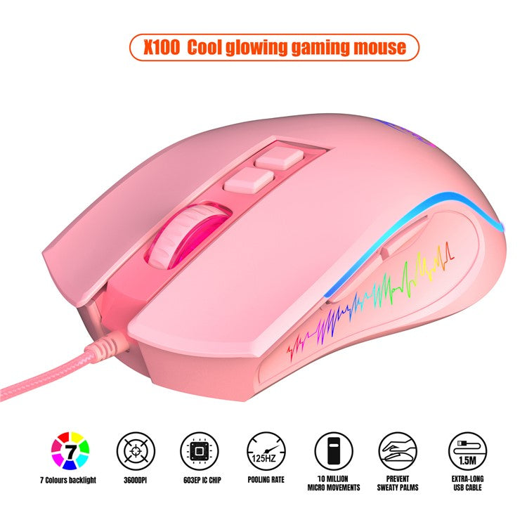 HXSJ X100 USB Wired Gaming Mouse 3600DPI Colorful Light Computer Laptop Mice - Pink