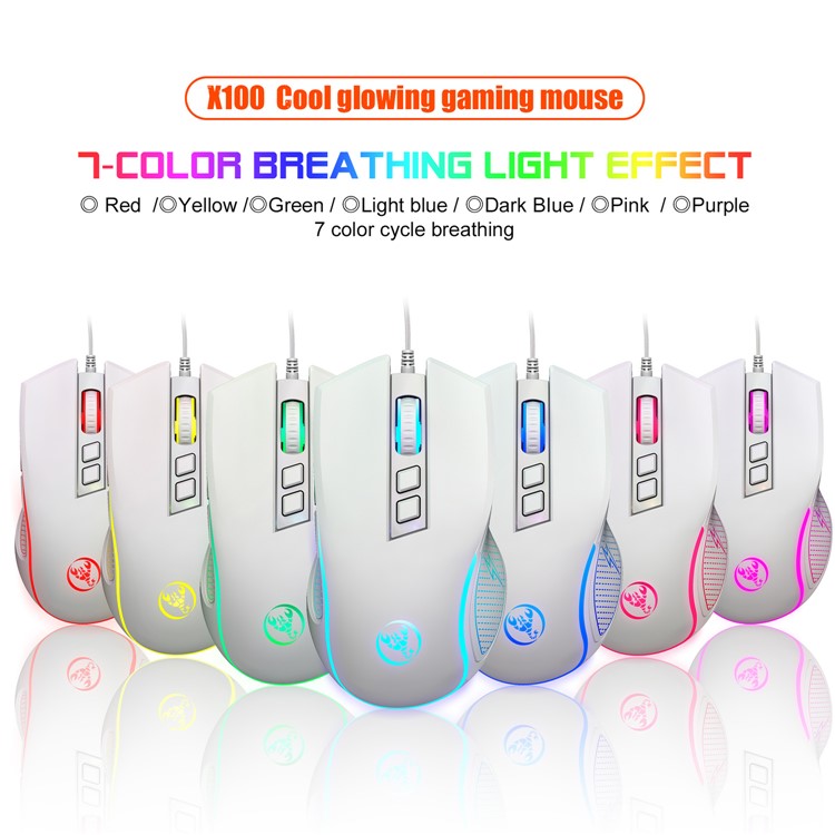 HXSJ X100 USB Wired Gaming Mouse 3600DPI Colorful Light Computer Laptop Mice - White