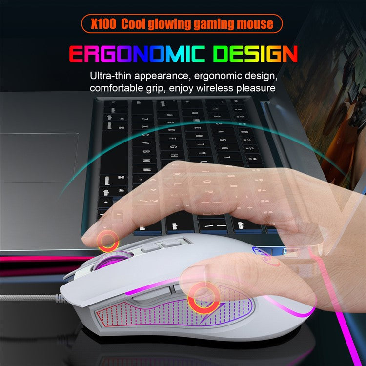HXSJ X100 USB Wired Gaming Mouse 3600DPI Colorful Light Computer Laptop Mice - White