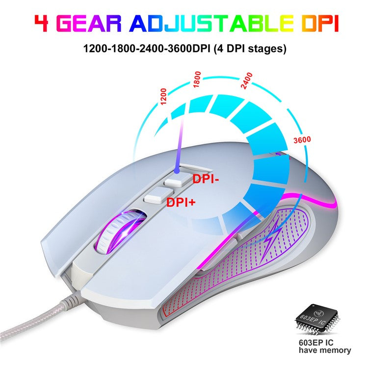 HXSJ X100 USB Wired Gaming Mouse 3600DPI Colorful Light Computer Laptop Mice - White