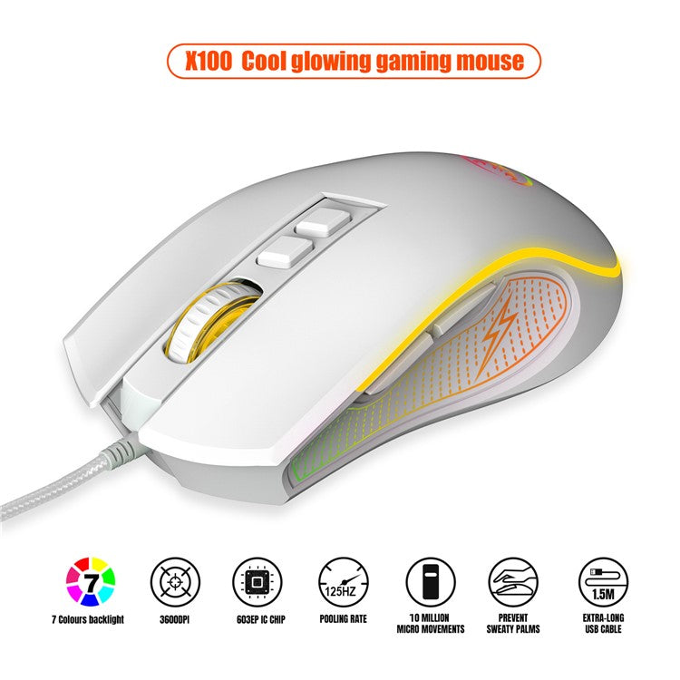 HXSJ X100 USB Wired Gaming Mouse 3600DPI Colorful Light Computer Laptop Mice - White