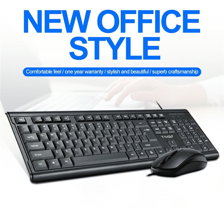 T-WOLF TF500 USB Wired Keyboard Mouse Set 104 Keys Keyboard for Computer PC Laptop