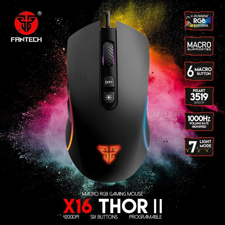FANTECH X16 USB Optical Wired Gaming Mouse 4200DPI Adjustable 6 Buttons RGB Macro Mouse