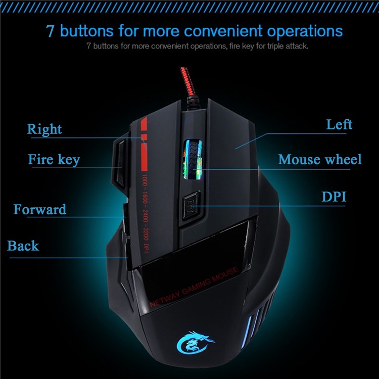 HXSJ A907 5500 DPI Adjustable 7 Buttons USB Wired Gaming Mouse Colorful Light Computer Mice