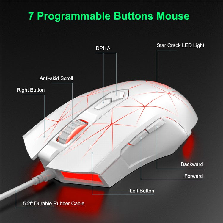 AJAZZ AJ52 Star Version USB Wired Gaming Mouse 2500DPl Optical Mice with RGB Breathing Lights for Gamer Computer - White