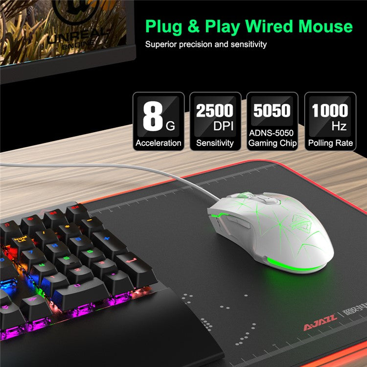 AJAZZ AJ52 Star Version USB Wired Gaming Mouse 2500DPl Optical Mice with RGB Breathing Lights for Gamer Computer - White
