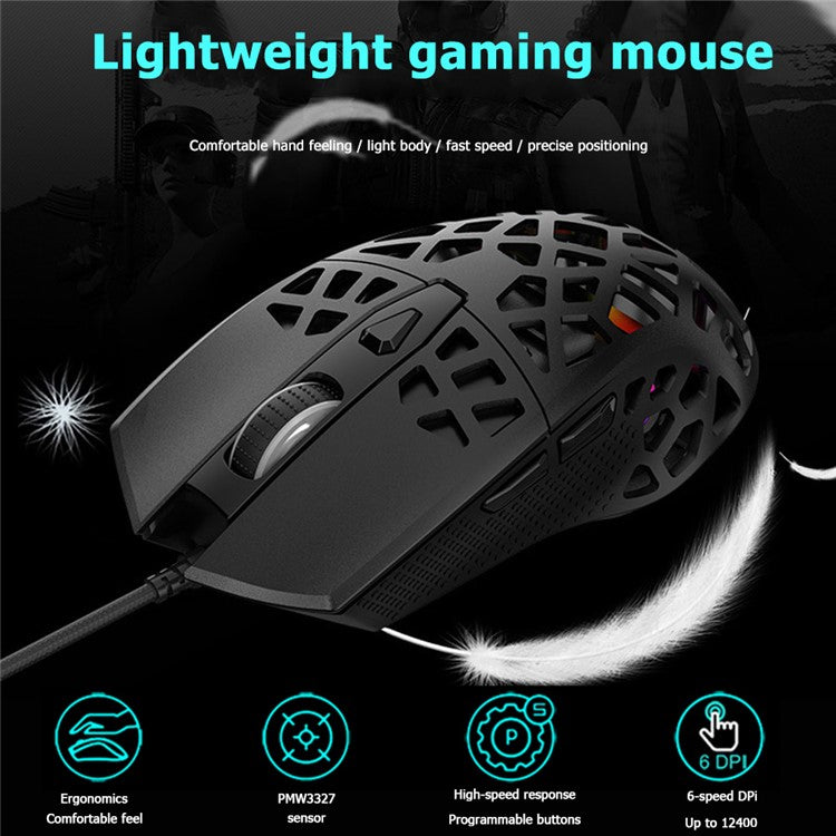 AJAZZ AJ339 12400 DPI PAW3327 Sensor RGB Backlight Ergonomic Honeycomb Design USB Wired Gaming Mouse - Black