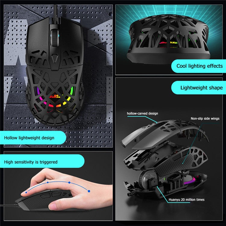 AJAZZ AJ339 12400 DPI PAW3327 Sensor RGB Backlight Ergonomic Honeycomb Design USB Wired Gaming Mouse - Black
