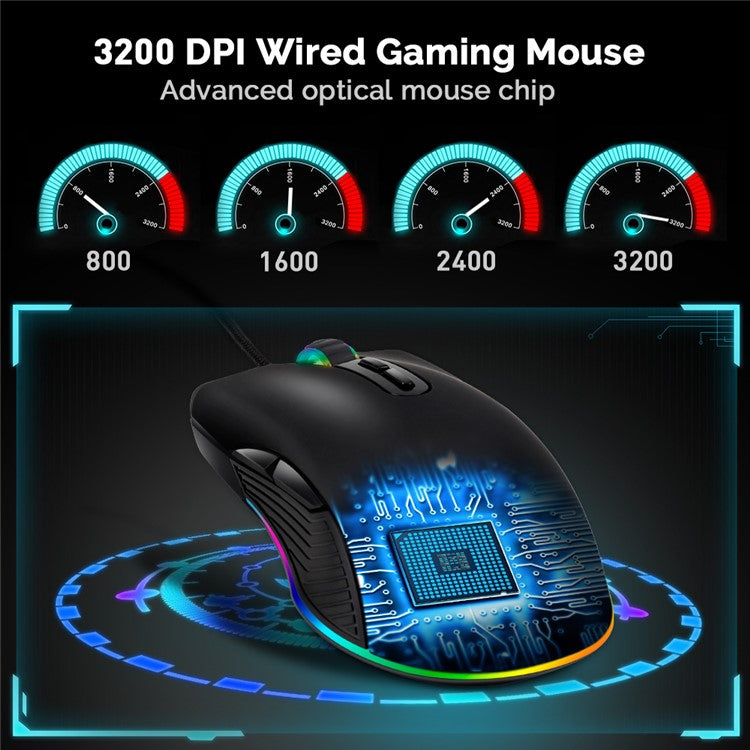 Type C Wired Gaming Mouse 800/1200/1600/3200 DPI Adjustable with RGB Backlit