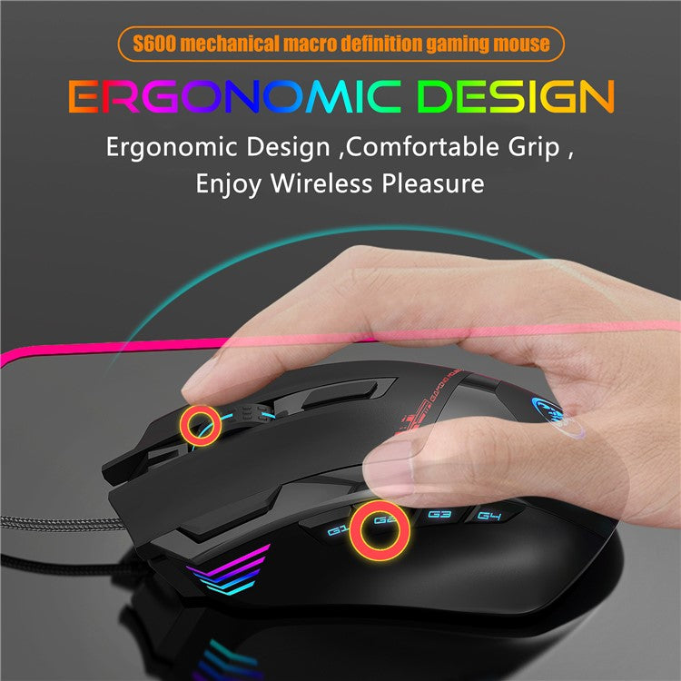 HXSJ S600 7200 DPI 9 Keys USB Wired Macro Programming RGB Light Gaming Mouse Computer Laptop Mice