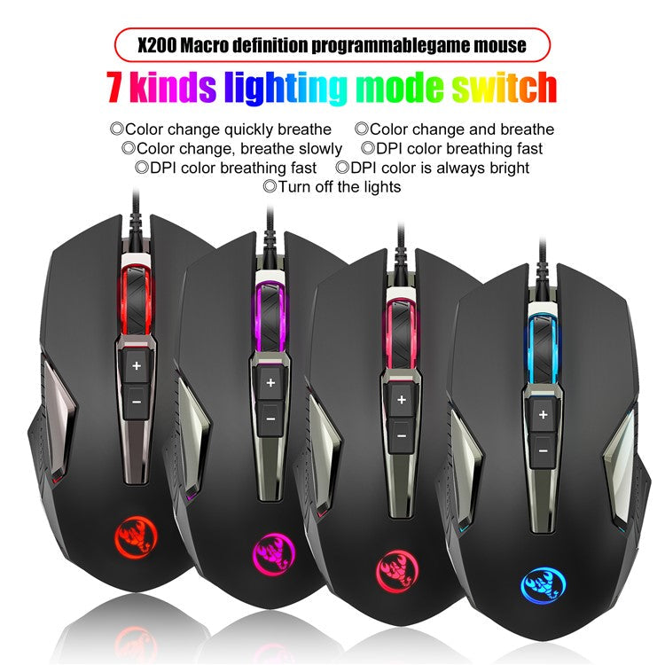 HXSJ X200 8000 DPI RGB Mouse Luminous Colorful LED Light 8-Button Wired Laptop Gaming Mouse