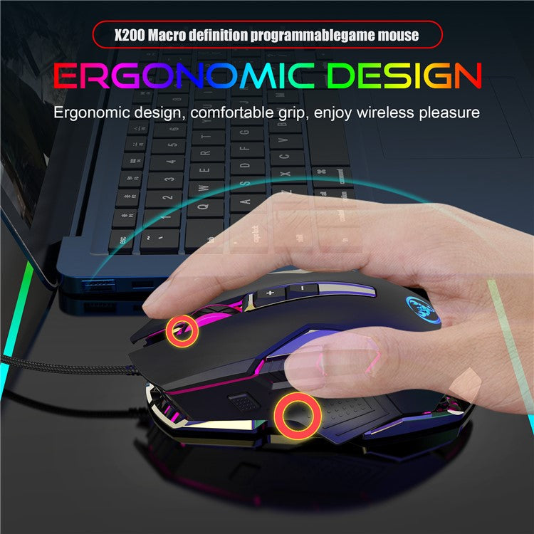 HXSJ X200 8000 DPI RGB Mouse Luminous Colorful LED Light 8-Button Wired Laptop Gaming Mouse