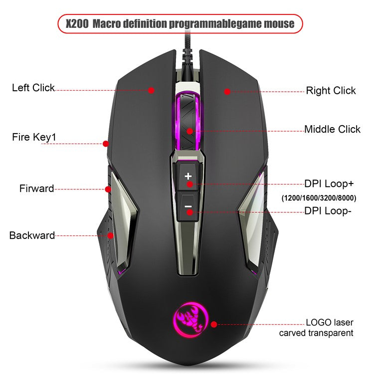 HXSJ X200 8000 DPI RGB Mouse Luminous Colorful LED Light 8-Button Wired Laptop Gaming Mouse