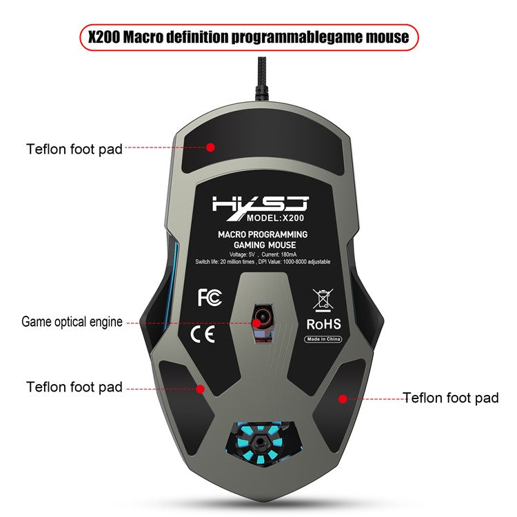 HXSJ X200 8000 DPI RGB Mouse Luminous Colorful LED Light 8-Button Wired Laptop Gaming Mouse
