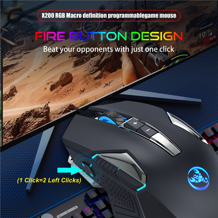 HXSJ X200 8000 DPI RGB Mouse Luminous Colorful LED Light 8-Button Wired Laptop Gaming Mouse