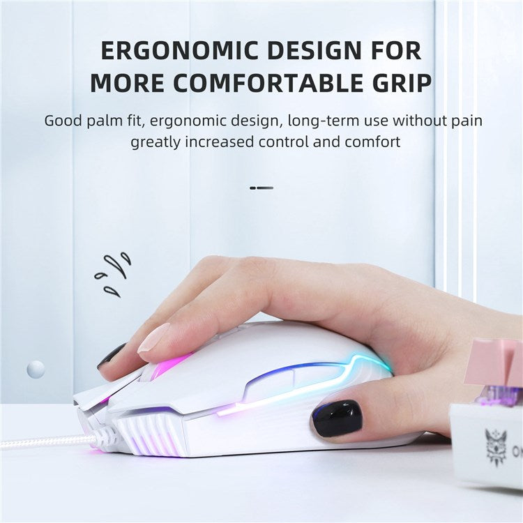 ONIKUMA CW905 USB Wired Mouse Optical Computer RGB Mouse with 800/1600/2400/3200/4800/6400 DPI Ergonomic Design Support Laptop PC Desktop Computer - White